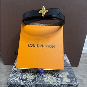 Louis Vuitton Black Belt with Gold Fleur Accent